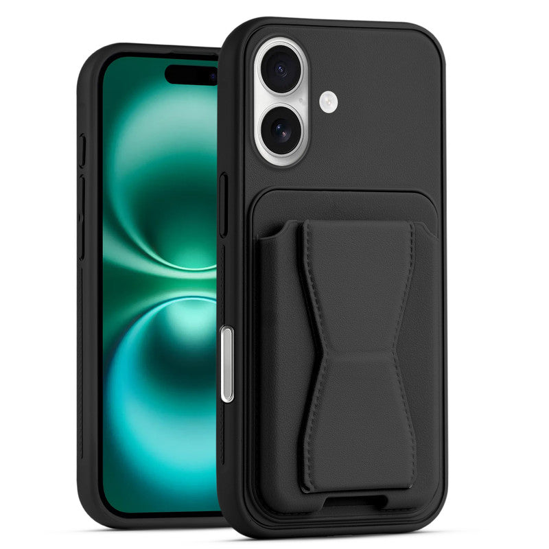 All in One Premium Leather Back Cover for Apple iPhone 16 with Card Slot & Foldable Grip Holder