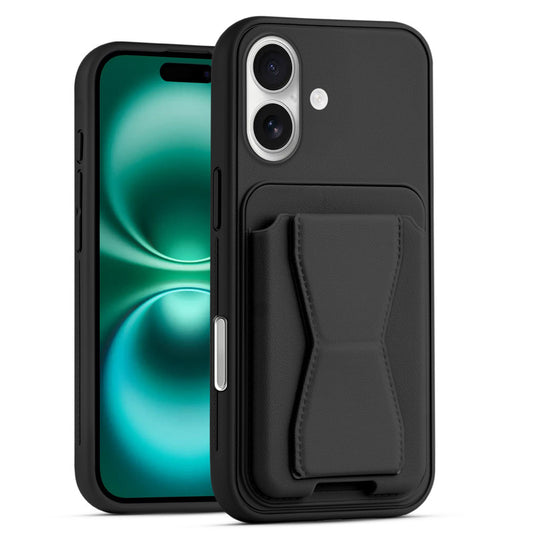 All in One Premium Leather Back Cover for Apple iPhone 16 with Card Slot & Foldable Grip Holder