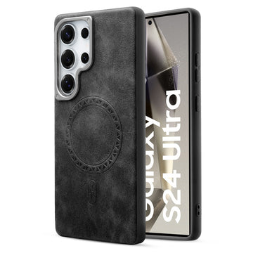 Alloy Camera Ring Faux Leather Back Case for Samsung S24 Ultra 5G , Hard Shell with MagSafe Support