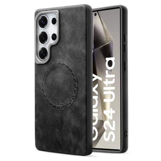 Alloy Camera Ring Faux Leather Back Case for Samsung S24 Ultra 5G , Hard Shell with MagSafe Support