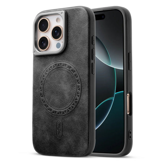 Alloy Camera Ring Faux Leather Back Case for Apple iphone 16 Pro Max , Hard Shell with MagSafe Support