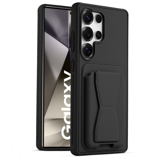 All in One Premium Leather Back Cover for Samsung S24 Ultra 5G with Card Slot & Foldable Grip Holder