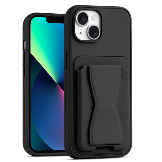 All in One Premium Leather Back Cover for Apple iPhone 13 with Card Slot & Foldable Grip Holder