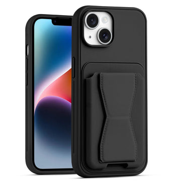 All in One Premium Leather Back Cover for Apple iPhone 14 with Card Slot & Foldable Grip Holder