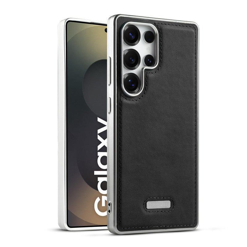 Sophisticated Leather Cover for Samsung S25 Ultra 5G with Shiny Silver Edges, Stitched Back Design & Hard Shell Protection