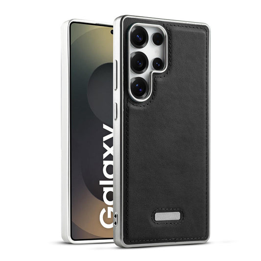 Sophisticated Leather Cover for Samsung S25 Ultra 5G with Shiny Silver Edges, Stitched Back Design & Hard Shell Protection
