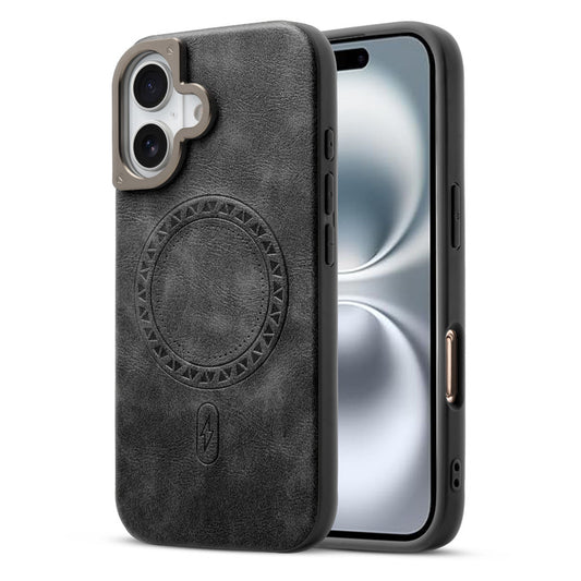 Alloy Camera Ring Faux Leather Back Case for Apple iPhone 16 , Hard Shell with MagSafe Support