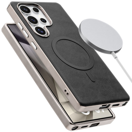 Premium Faux Leather MagSafe Compatible Case for Samsung S24 Ultra 5G With Metal Finish Edges