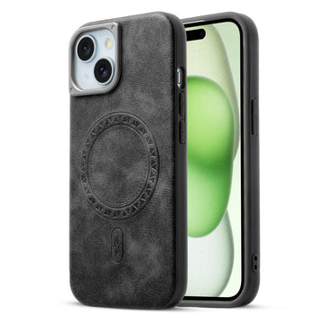 Alloy Camera Ring Faux Leather Back Case for Apple iPhone 15 Plus , Hard Shell with MagSafe Support