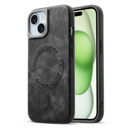 Alloy Camera Ring Faux Leather Back Case for Apple iPhone 15 Plus , Hard Shell with MagSafe Support