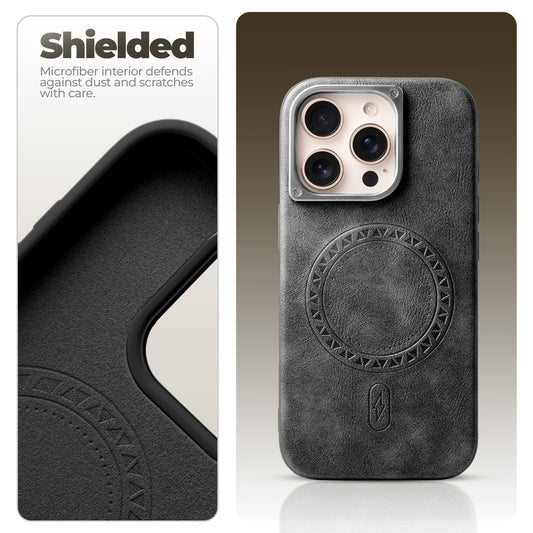 Alloy Camera Ring Faux Leather Back Case for Apple iphone 16 Pro Max , Hard Shell with MagSafe Support