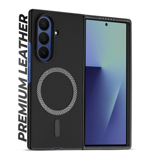 Executive Edition Hard Back Cover for Samsung Z Fold 7 with Magnetic Ring , Faux Leather Finish & Camera Guard