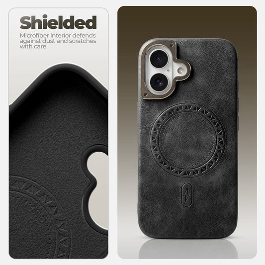 Alloy Camera Ring Faux Leather Back Case for Apple iPhone 16 , Hard Shell with MagSafe Support
