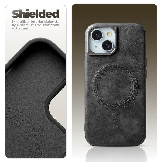 Alloy Camera Ring Faux Leather Back Case for Apple iPhone 15 Plus , Hard Shell with MagSafe Support