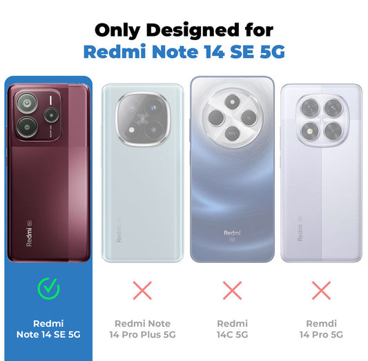 Clear hard back case compatibility guide showing fit for Redmi Note 14 SE 5G and not compatible with other models