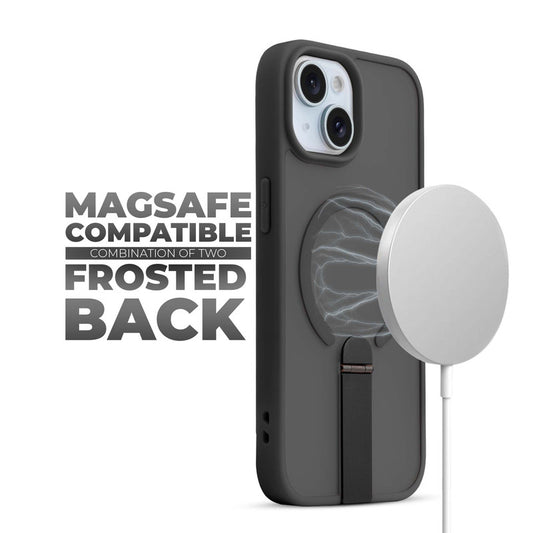 Magnetic Frosted Back Case for Apple iPhone 15 with Metal Kickstand & Silicone Frame