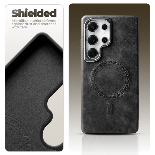Alloy Camera Ring Faux Leather Back Case for Samsung S23 Ultra 5G , Hard Shell with MagSafe Support