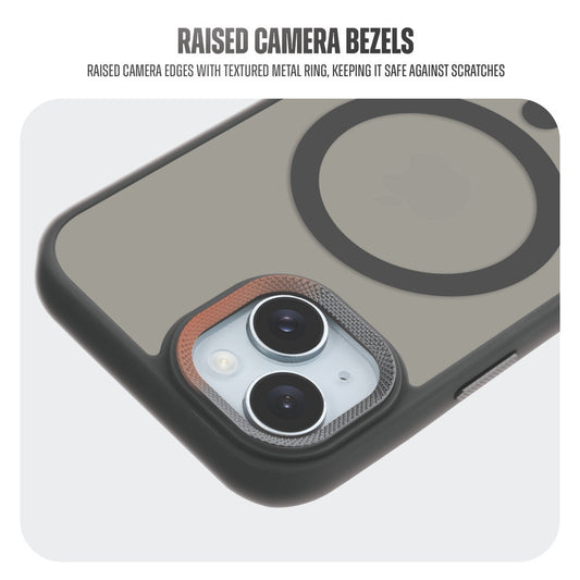 Textured Metal Ring Camera With Magsafe Compatible Smoky Back Case For Apple iPhone 15