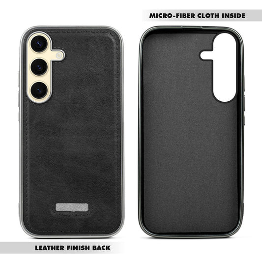 Sophisticated Leather Cover for Samsung S24 5G with Shiny Silver Edges, Stitched Back Design & Hard Shell Protection
