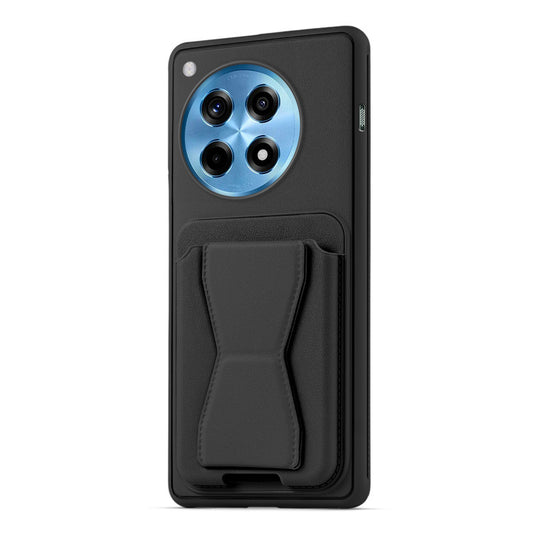 All in One Premium Leather Back Cover for OnePlus 12R 5G with Card Slot & Foldable Grip Holder