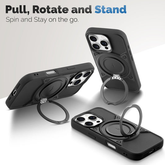 MagSafe Compatible with Metal Finish Ring Stand & Silicone Grip Back Case For Apple iPhone 16 Pro