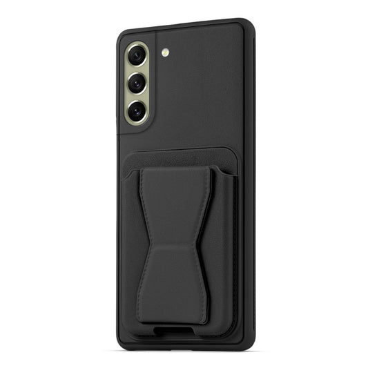 All in One Premium Leather Back Cover for Samsung S21 FE 5G with Card Slot & Foldable Grip Holder