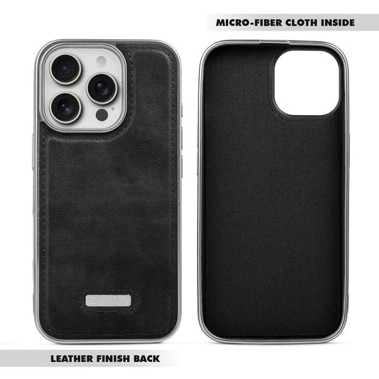 Sophisticated Leather Cover for Apple iPhone 15 Pro Max with Shiny Silver Edges, Stitched Back Design & Hard Shell Protection