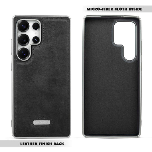Sophisticated Leather Cover for Samsung S24 Ultra 5G with Shiny Silver Edges, Stitched Back Design & Hard Shell Protection
