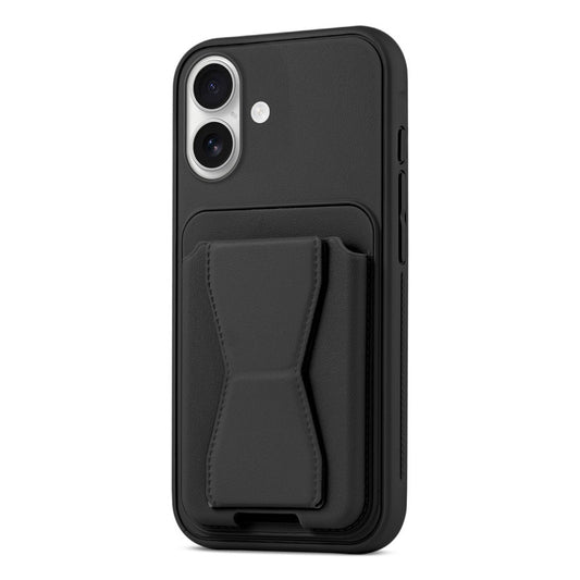 All in One Premium Leather Back Cover for Apple iPhone 16 with Card Slot & Foldable Grip Holder