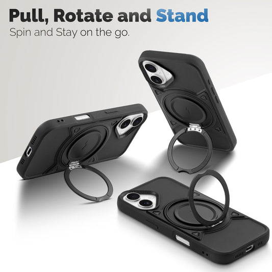 MagSafe Compatible with Metal Finish Ring Stand & Silicone Grip Back Case For Apple iPhone 16