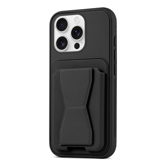 All in One Premium Leather Back Cover for Apple iPhone 16 Pro with Card Slot & Foldable Grip Holder