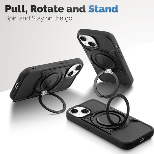 MagSafe Compatible with Metal Finish Ring Stand & Silicone Grip Back Case For Apple iPhone 15 Plus