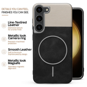 Premium Leather Wireless Charging Support Cover for Samsung S23 5G with Metal Camera Frame & Soft Microfiber Interior