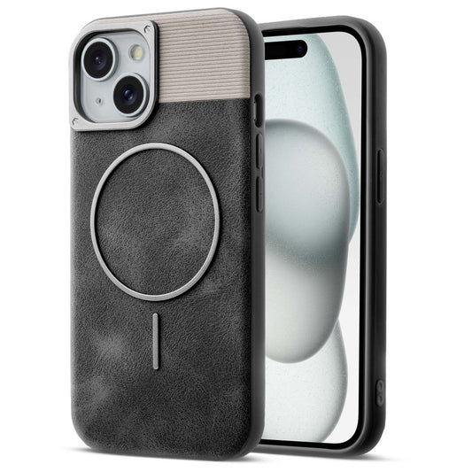 Luxury PU Leather Hard Back Case for Apple iPhone 15, With Micro-Fiber Cloth inside, MagSafe Compatible