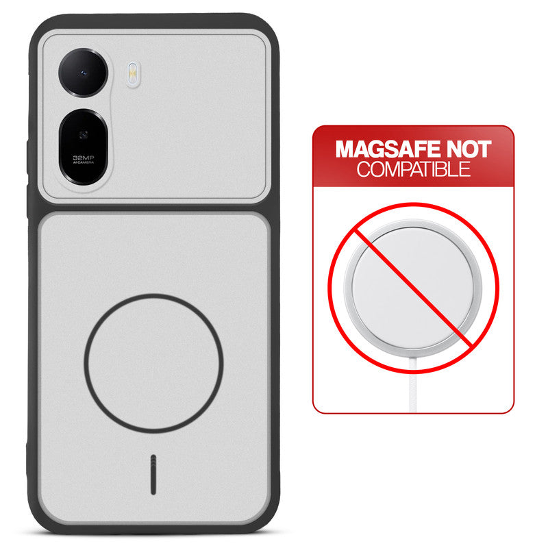 Black-White back cover for Redmi A7 Pro 4G with printed ring pattern and message showing not compatible with MagSafe charging.