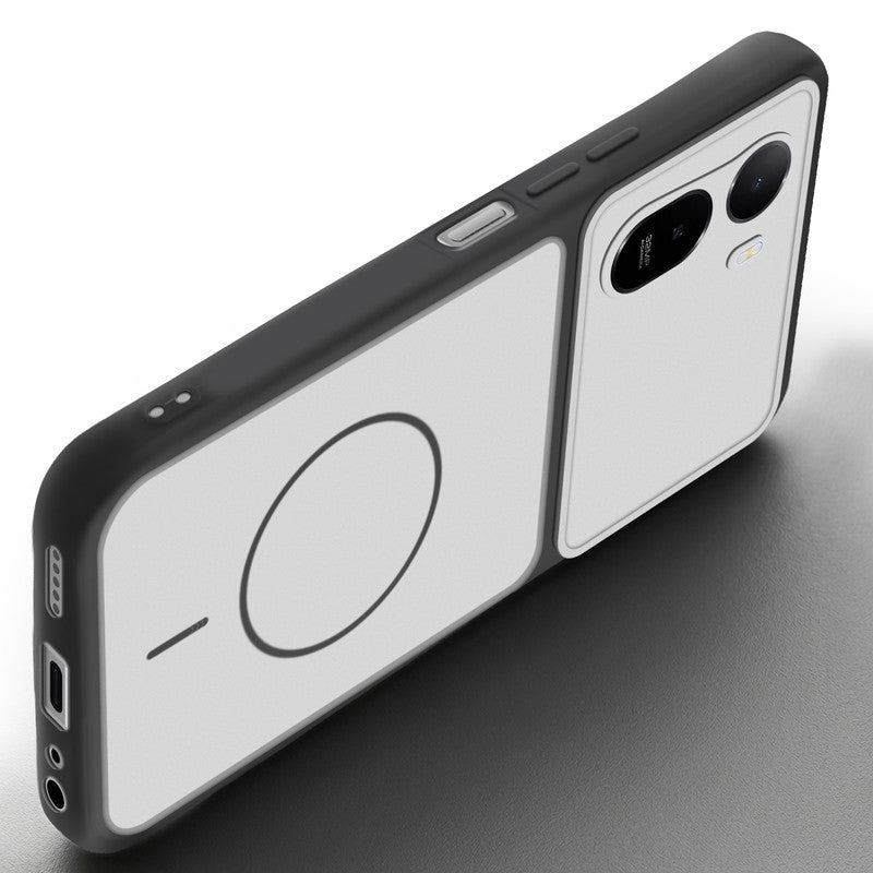 Angled view of Black-White mobile case for Redmi A7 Pro 4G with proper charging port cutout, speaker holes and strong corner protection.