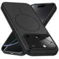Premium black converter back cover for iPhone 16 Pro Max showing the back with magnetic ring, full camera protection, and an iPhone 17–style design.