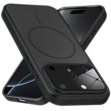 Premium black converter back cover for iPhone 16 Pro Max showing the back with magnetic ring, full camera protection, and an iPhone 17–style design.