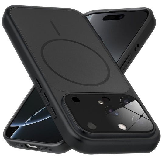 Premium black converter back cover for iPhone 16 Pro Max showing the back with magnetic ring, full camera protection, and an iPhone 17–style design.