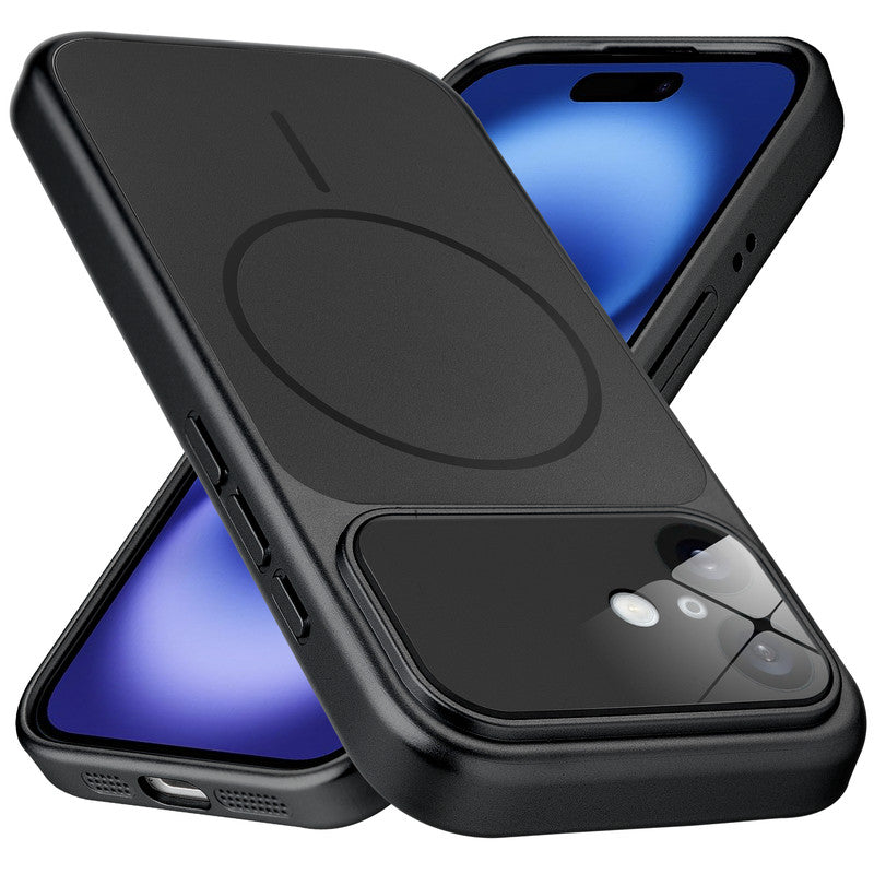 Premium black converter back cover for iPhone 16 showing the back with magnetic ring, full camera protection, and an iPhone 17–style design.