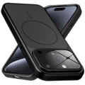 Premium black converter back cover for iPhone 15 Pro showing the back with magnetic ring, full camera protection, and an iPhone 17–style design.