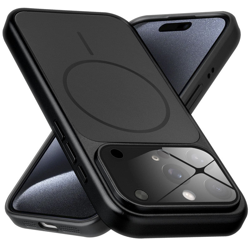 Premium black converter back cover for iPhone 15 Pro showing the back with magnetic ring, full camera protection, and an iPhone 17–style design.