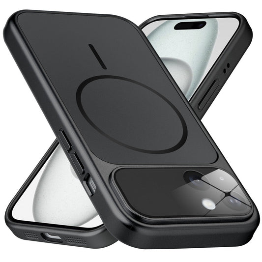 Premium black converter back cover for iPhone 15 showing the back with magnetic ring, full camera protection, and an iPhone 17–style design.