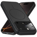 Premium black converter back cover for iPhone 16 Pro showing the back with magnetic ring, full camera protection, and an iPhone 17–style design.