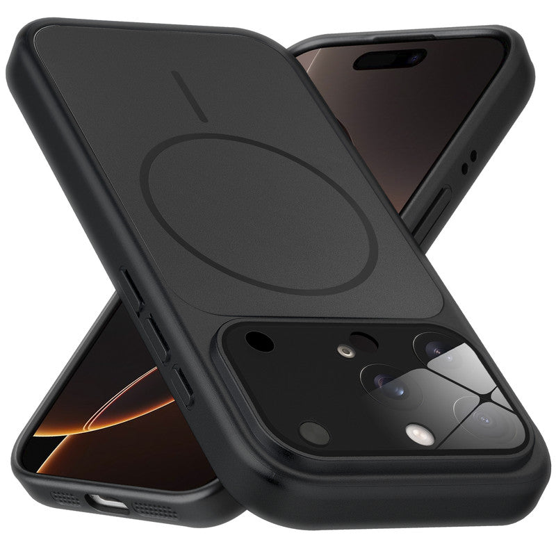 Premium black converter back cover for iPhone 16 Pro showing the back with magnetic ring, full camera protection, and an iPhone 17–style design.