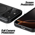 Black MagSafe back cover for iPhone 16 Pro showing raised edges for full camera protection and screen protection.