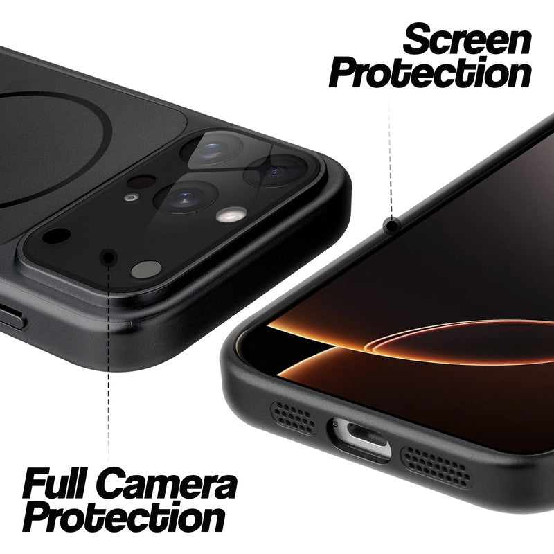 Black MagSafe back cover for iPhone 16 Pro showing raised edges for full camera protection and screen protection.