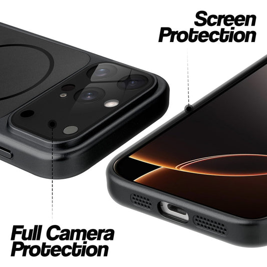 Black MagSafe back cover for iPhone 16 Pro showing raised edges for full camera protection and screen protection.