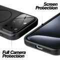 Black MagSafe back cover for iPhone 15 Pro showing raised edges for full camera protection and screen protection.