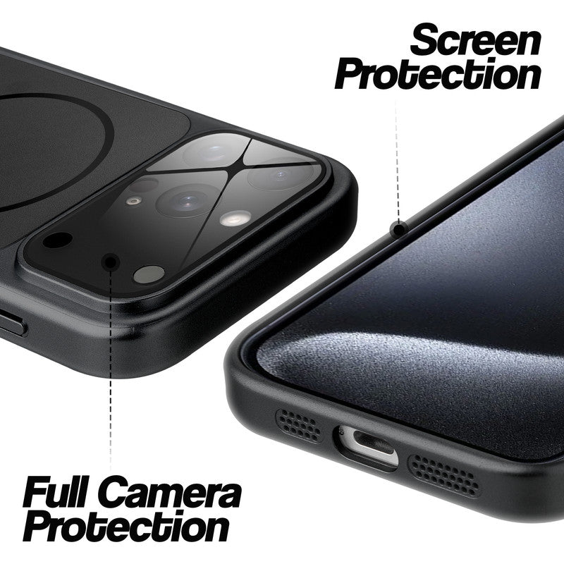 Black MagSafe back cover for iPhone 15 Pro showing raised edges for full camera protection and screen protection.